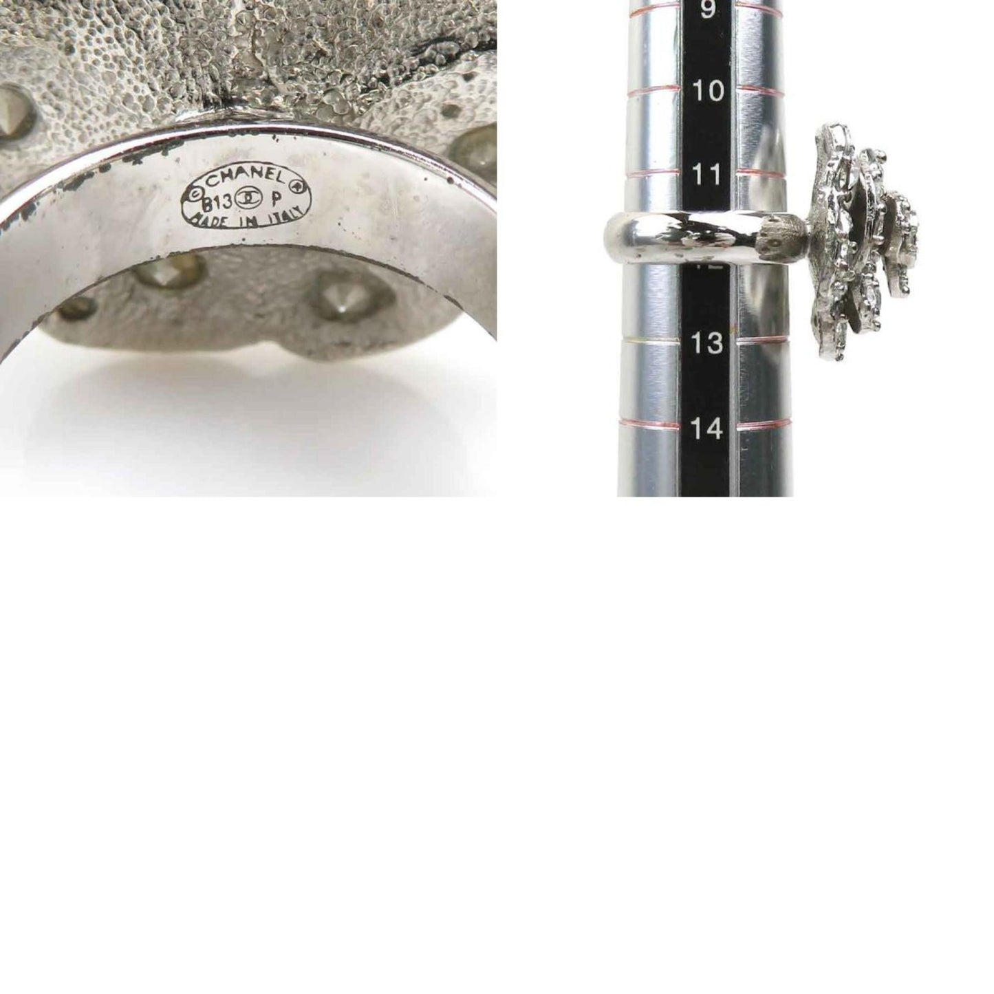 Chanel Camellia Coco Mark Metal Rhinestone Silver Ring
