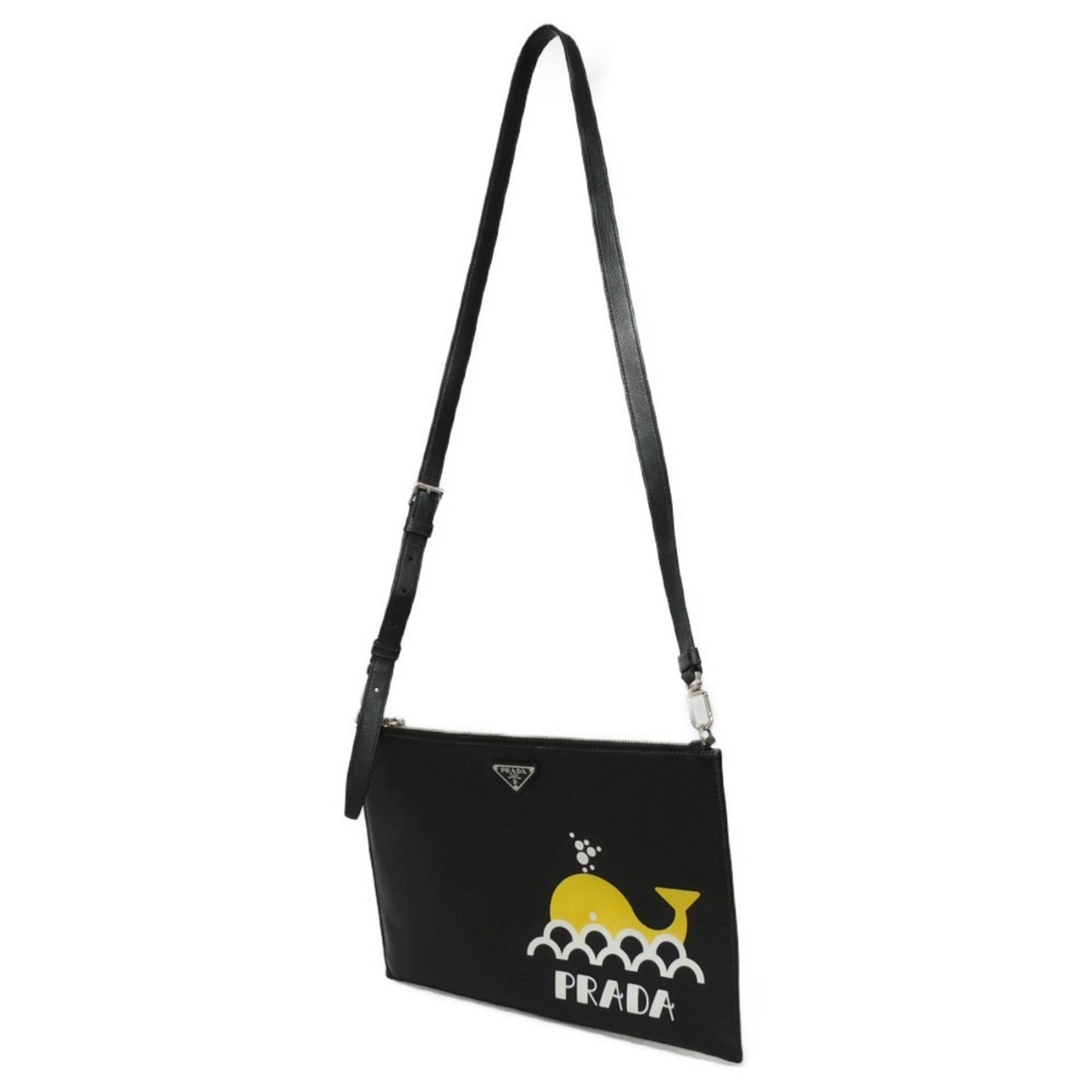 Prada Shoulder Bag Whale Print Clutch Saffiano Triangle Black 2Vh073 2Bov F0C5Z