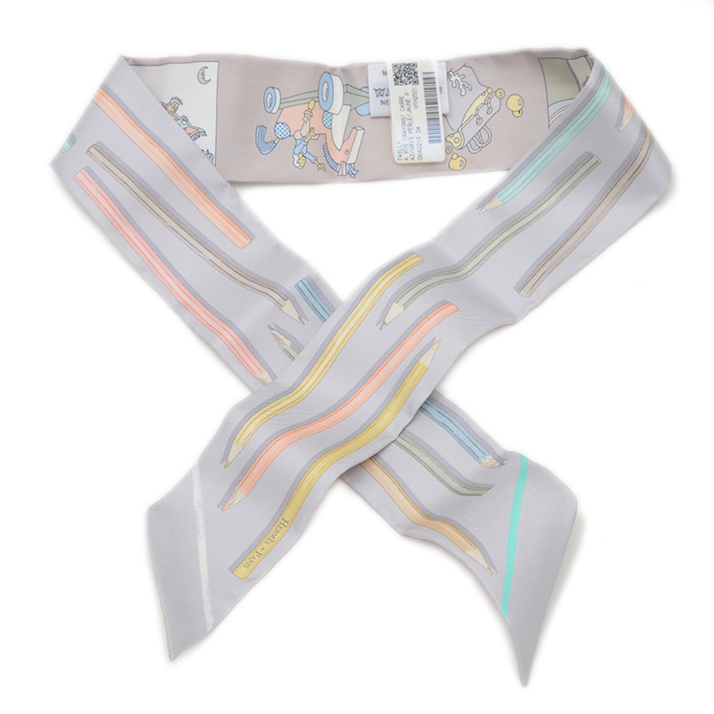 Hermes Herms Twilly Scarf/Muffler: Get Your Colored Pencils Out! Silk Gris Perle Jaune Pearl Green