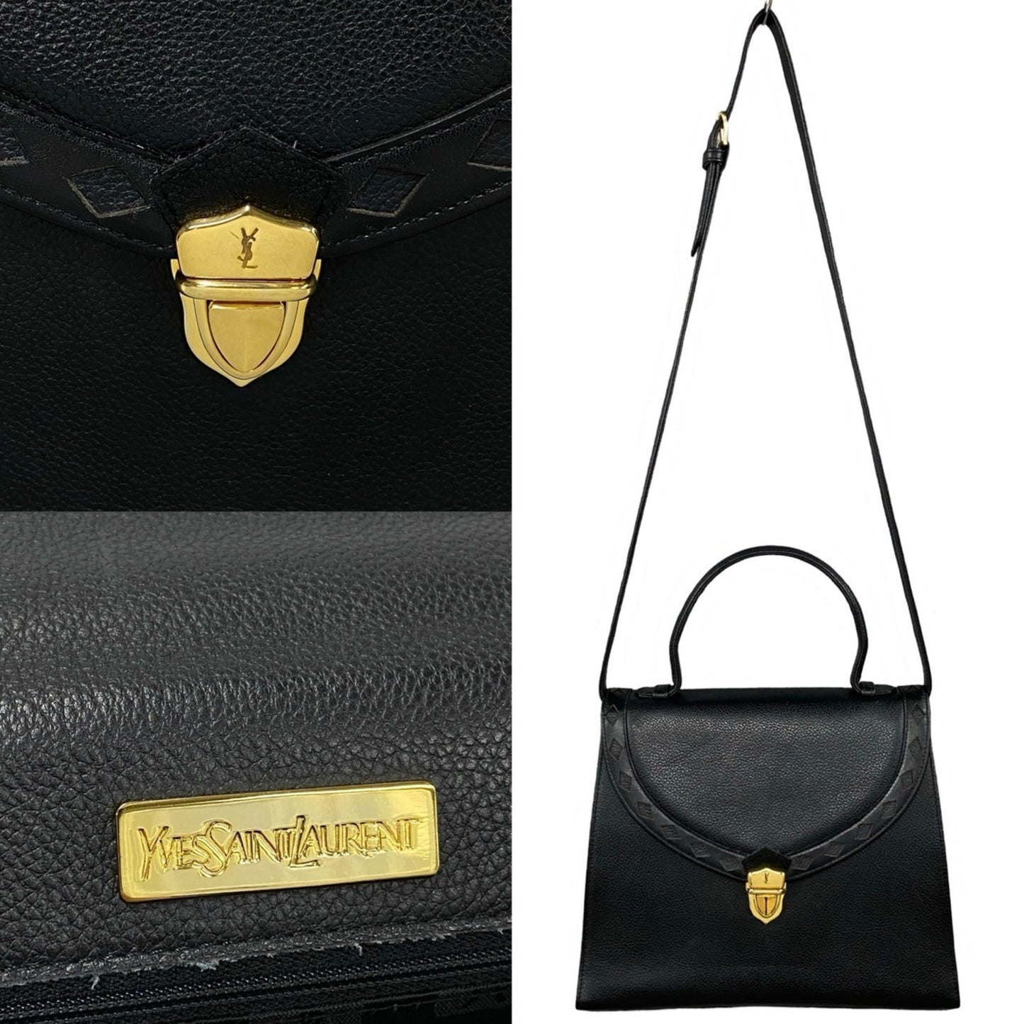Yves Saint Laurent Logo Hardware Leather 2-Way Shoulder Bag/Handbag Black 31064