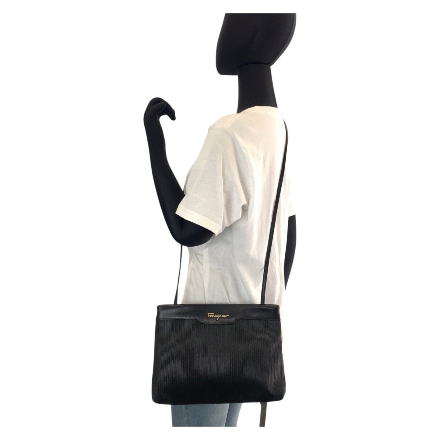 Salvatore Ferragamo Black Gold Hardware Leather Shoulder Bag Pochette