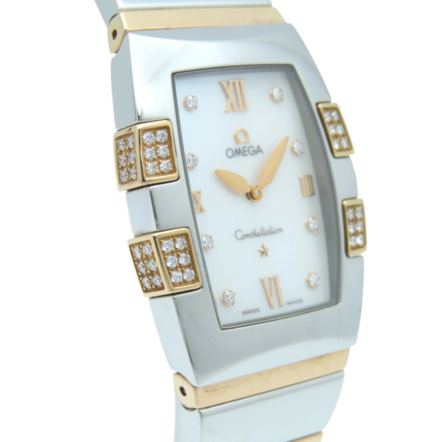 Omega Constellation Quadrella 1286.75 Quartz Watch Ss/Diamond/Pink Gold White Shell 0219Omega
