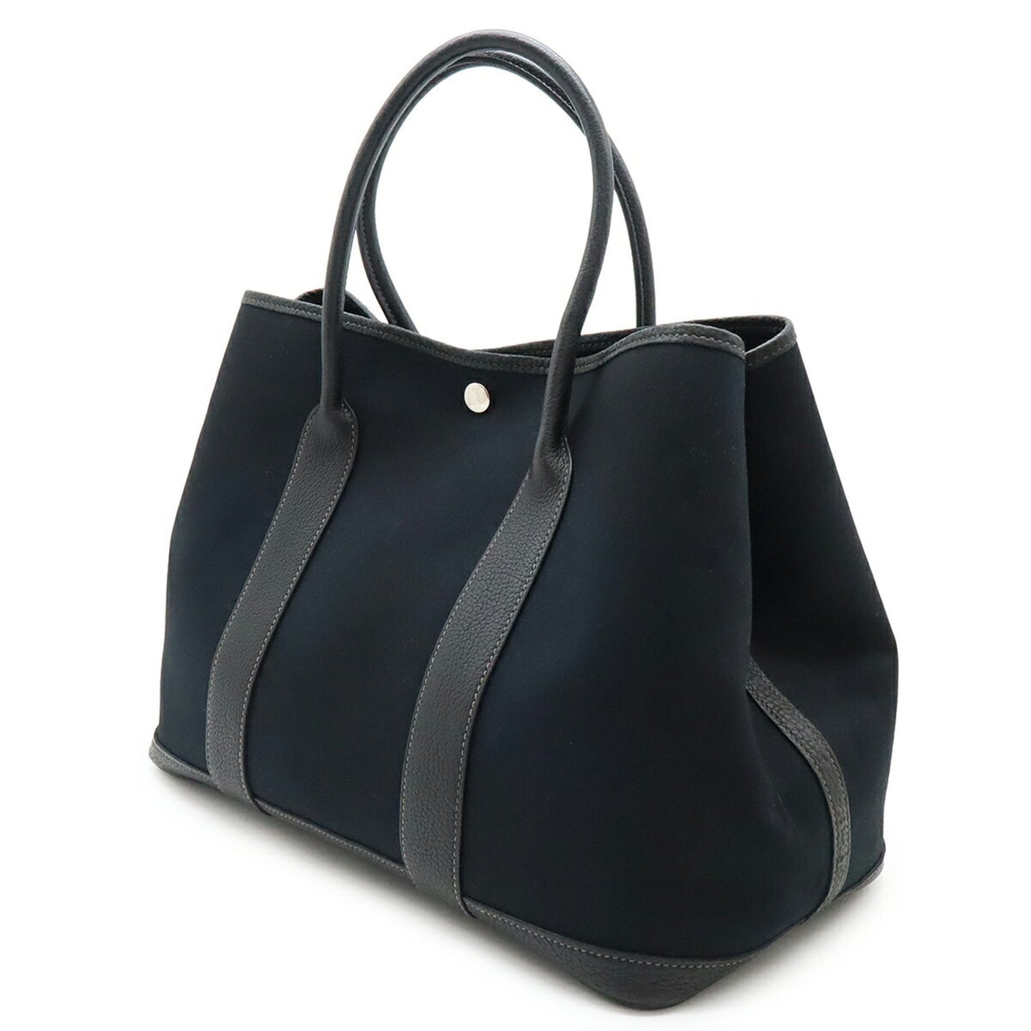 Hermes Garden Pm Tote Bag Handbag Toile Officier Canvas Leather Black