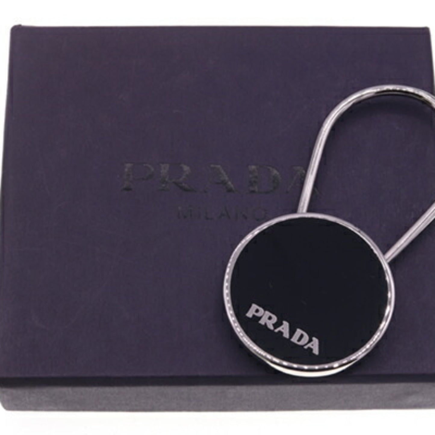 Prada Key Ring M714 Black Metal Holder Bag Charm Round