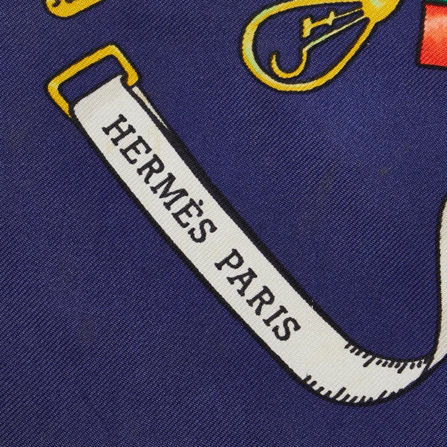 Hermes Carr 90 Pelile Main Seamstress Scarf Muffler Navy Multicolor Silk