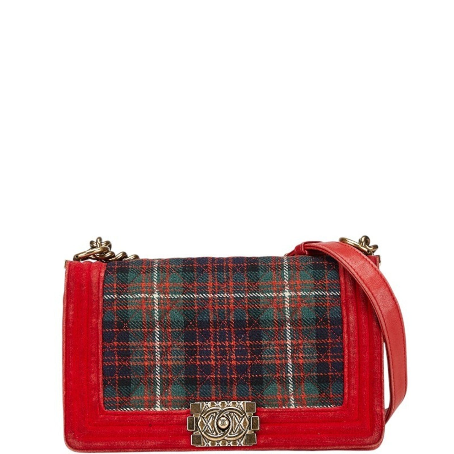 Chanel Matelasse Boy 25 Chain Shoulder Bag Red Multicolor Velour Wool Leather