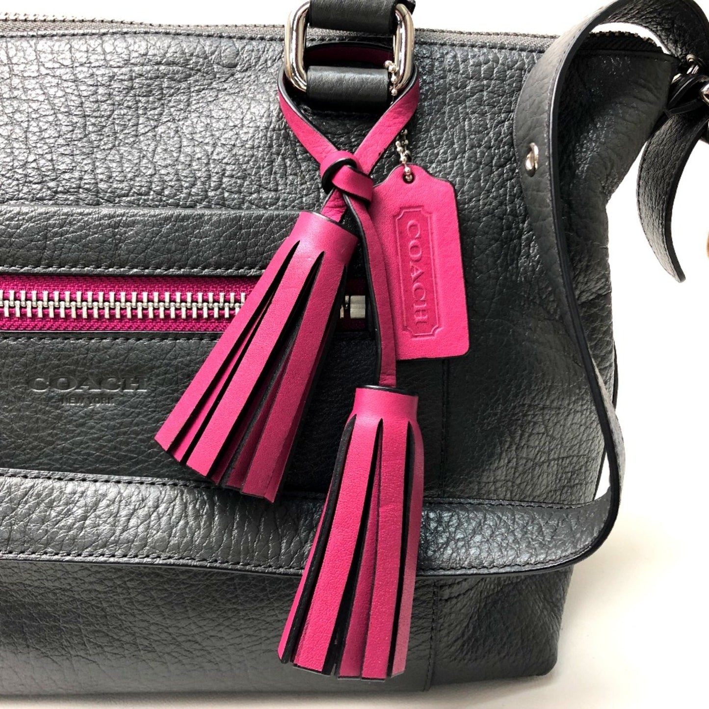 Coach 21140 Textured Legacy Bag Shoulder Bag Charcoal Gray Gray Fuchsia Pink