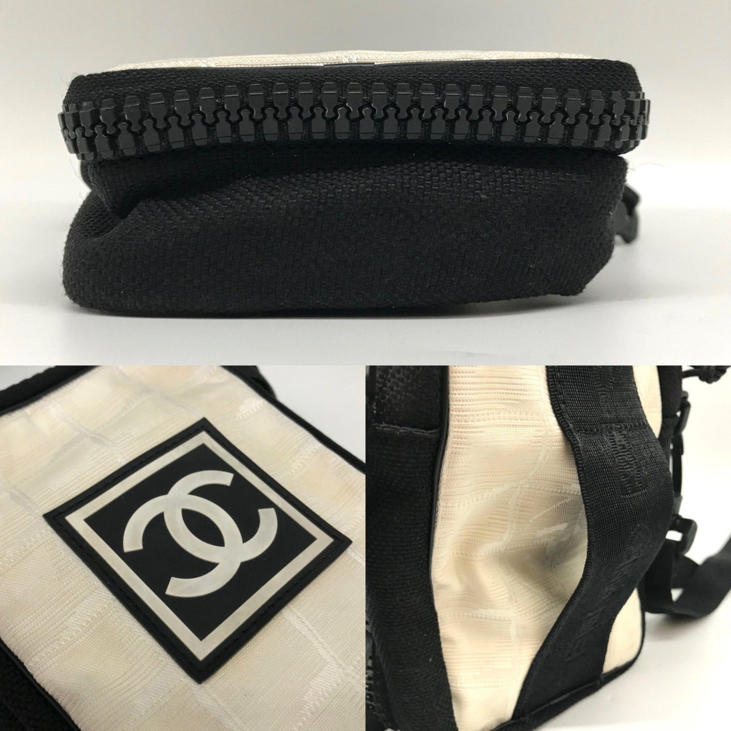 Chanel Sport Line Shoulder Bag Pochette Nylon Ivory Black Coco Mark No.8 Chanel