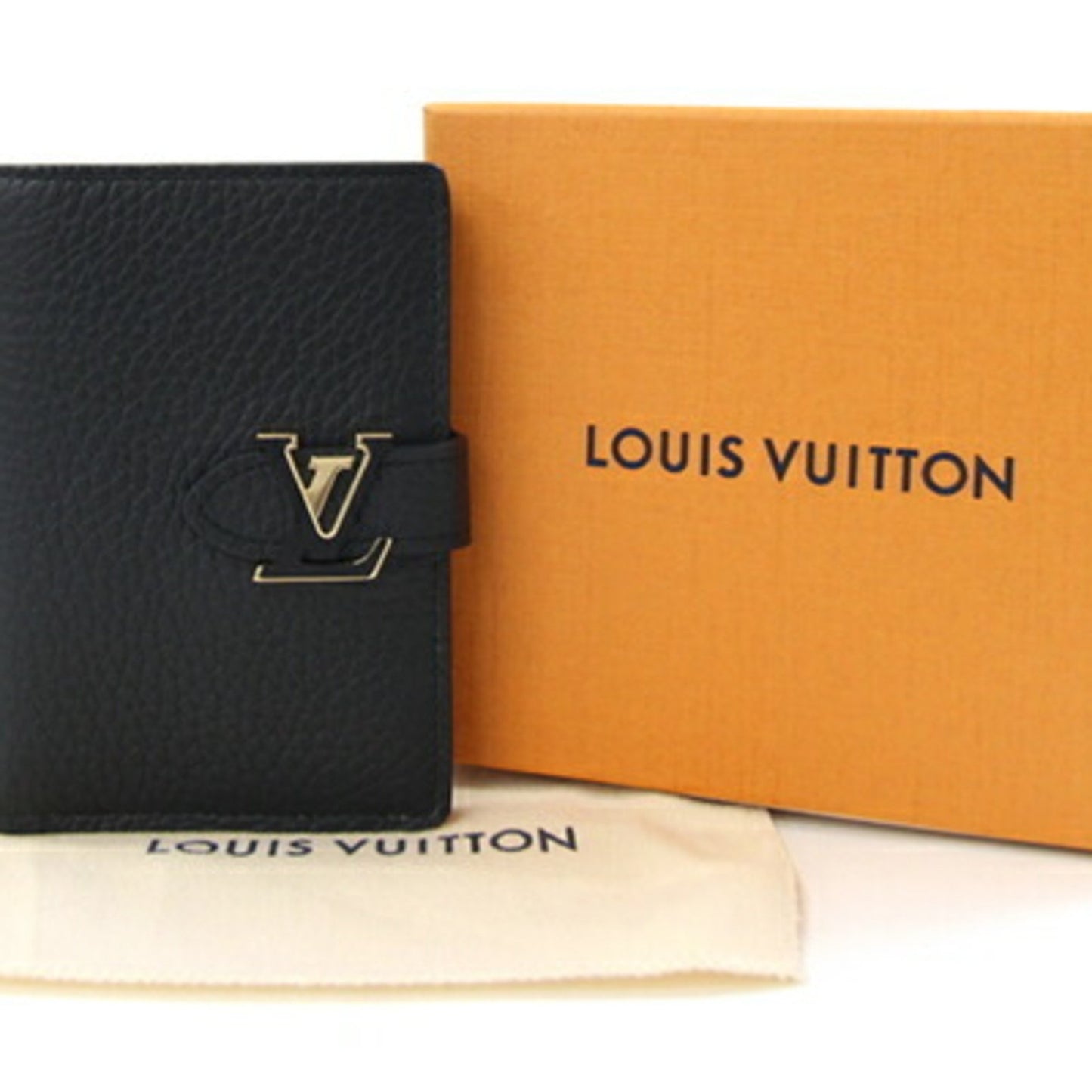Louis Vuitton Bi-Fold Wallet Lv Vertical Compact M81561 Noir Taurillon Leather Mini Black Beige