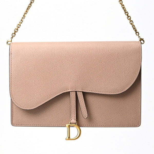 Christian Dior Dior Saddle Chain Pouch Wallet Shoulder Bag S5620Cwvg Leather Pink Beige S-157229