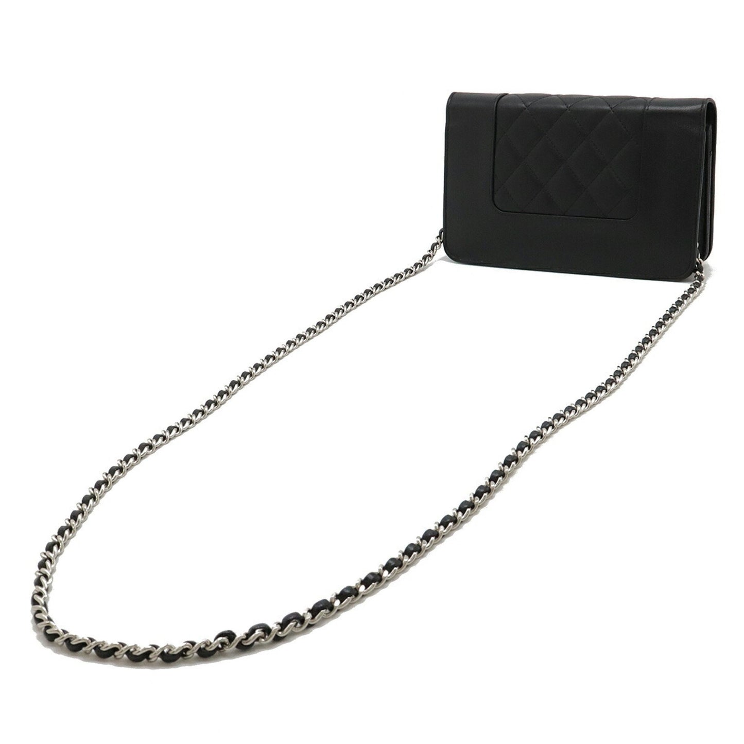 Chanel Mademoiselle Matelasse Chain Wallet Shoulder Bag Pochette Leather Black A80972
