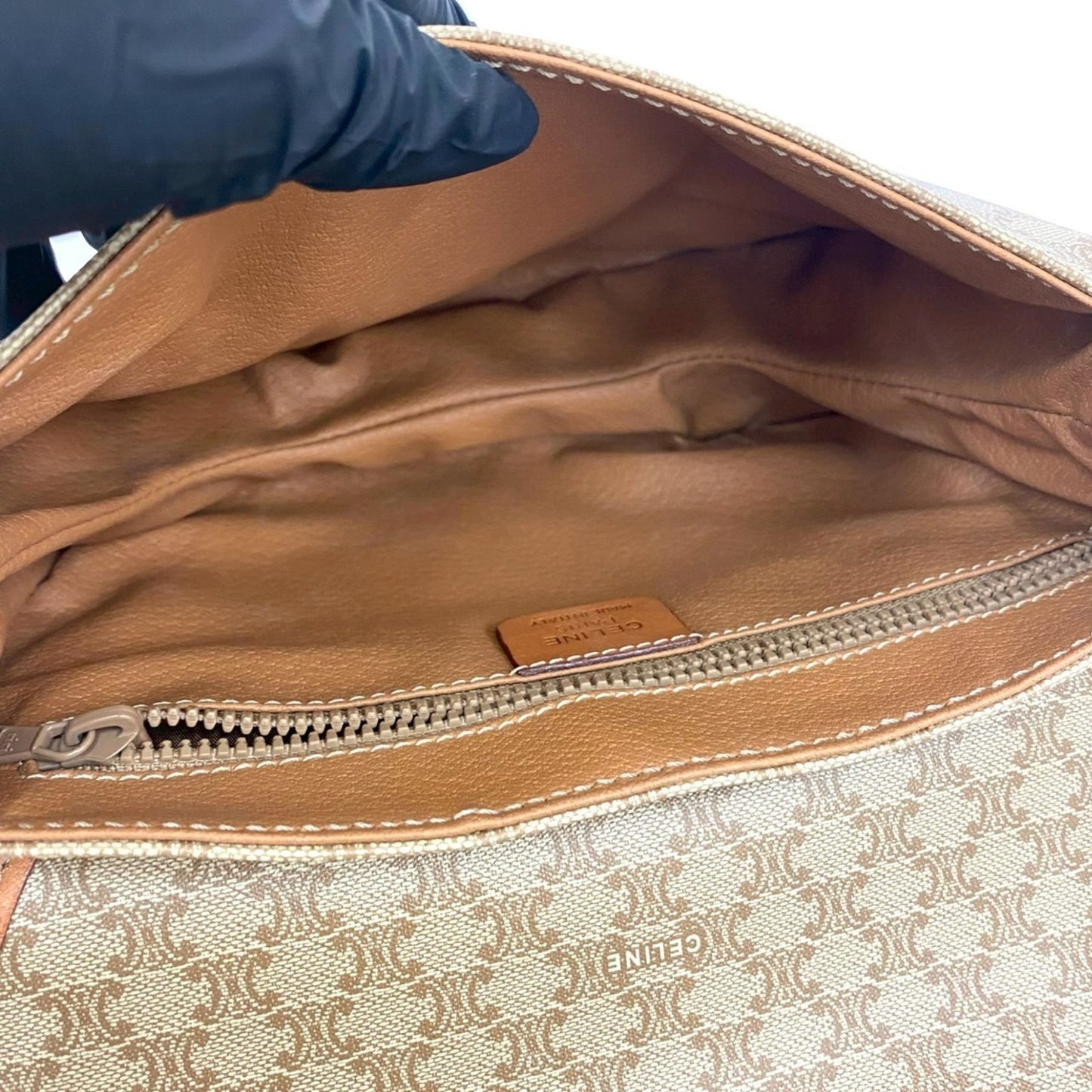 Celine Macadam Blason Triomphe Logo Leather Shoulder Bag In Beige