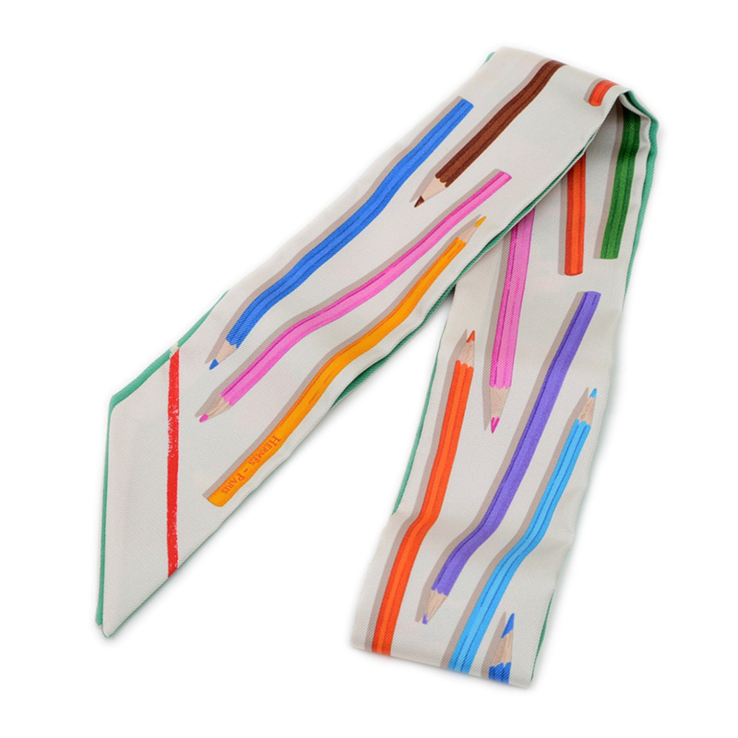 Hermes Herms Twilly Scarf/Muffler: Get Out Your Colored Pencils! Carre Libre Silk Creme Vert