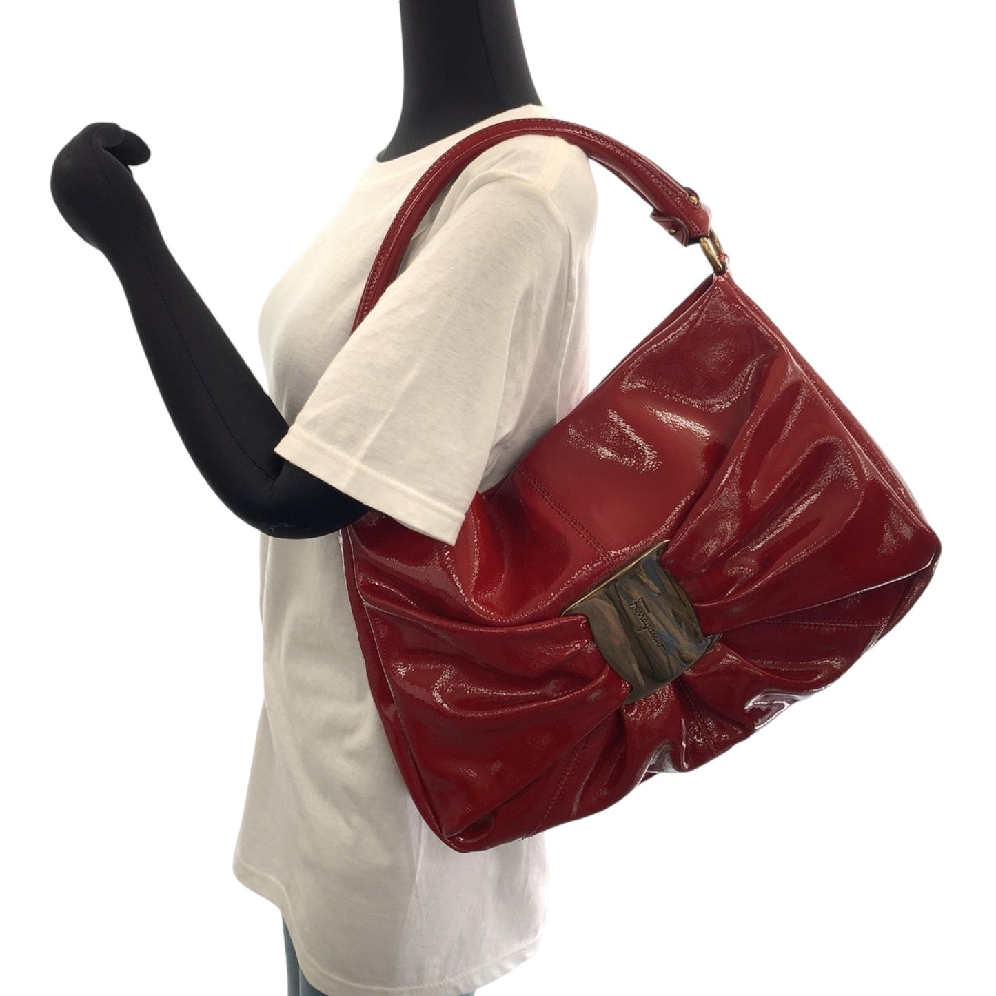 Salvatore Ferragamo Vara Red Gold Hardware Patent Leather Hobo Shoulder Bag Handbag 2Way