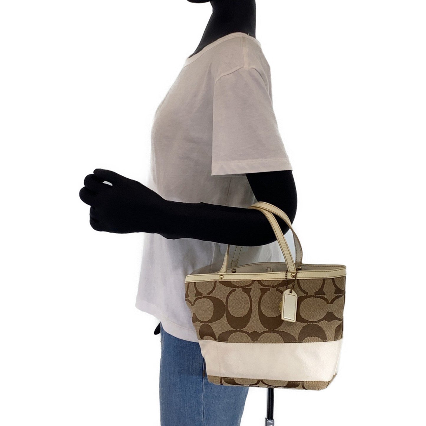 Coach Signature Beige White Gold Hardware Leather Canvas B0767-10123 Tote Bag Handbag