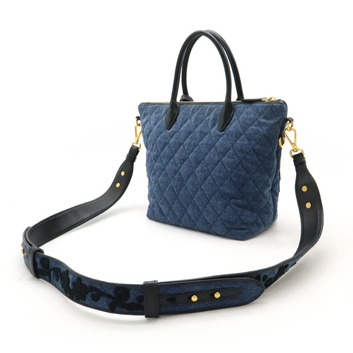 Prada Prada Corsaire Handbag Shoulder Bag Embroidery Quilted Denim Leather Bleu Blue Purchased At