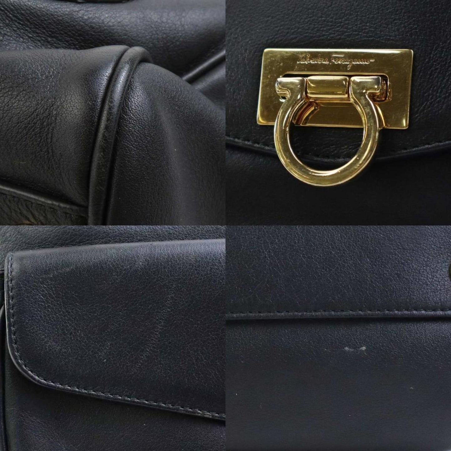 Salvatore Ferragamo Handbag Gancini Leather Black Gold