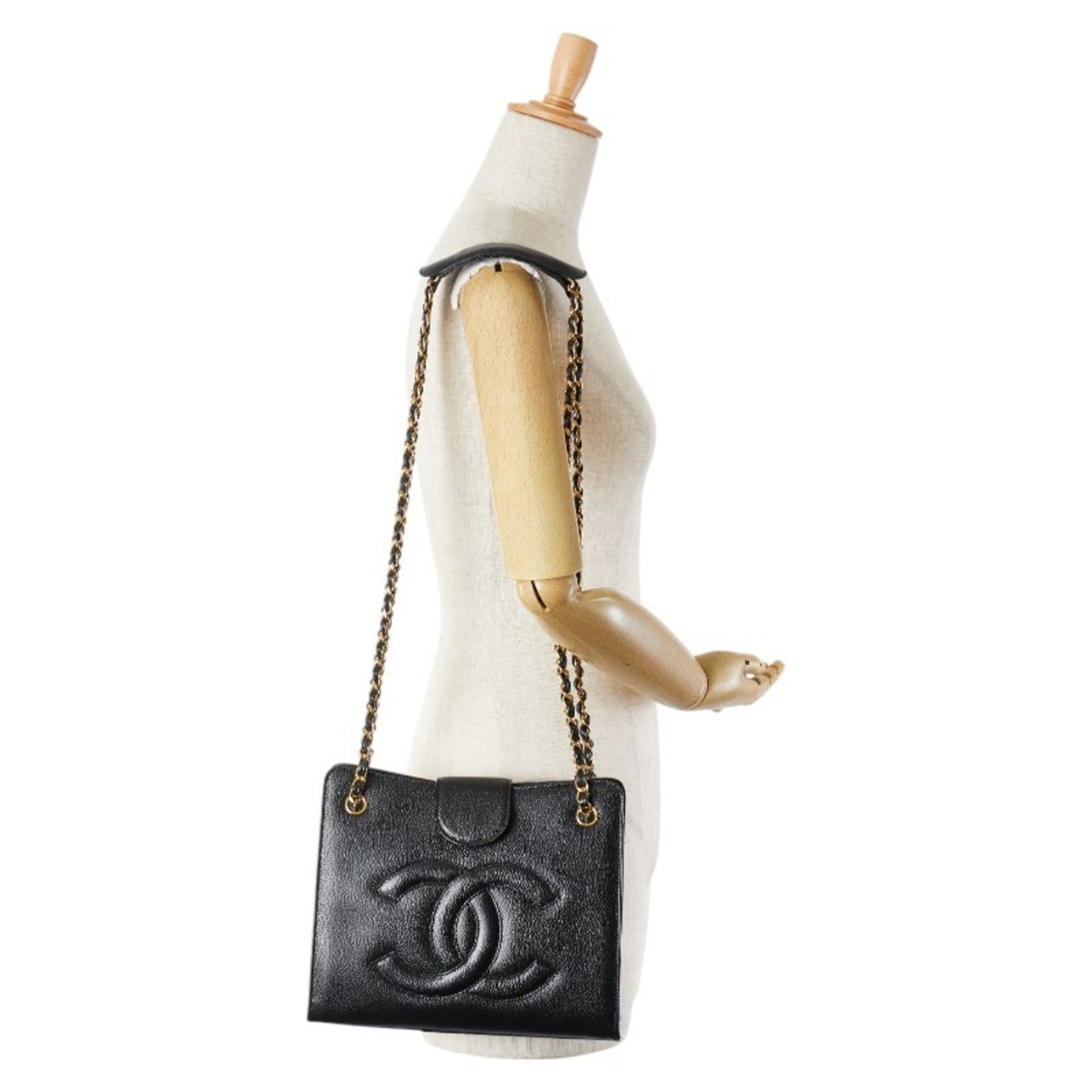 Chanel Coco Mark Chain Shoulder Bag Tote Black Caviar Skin