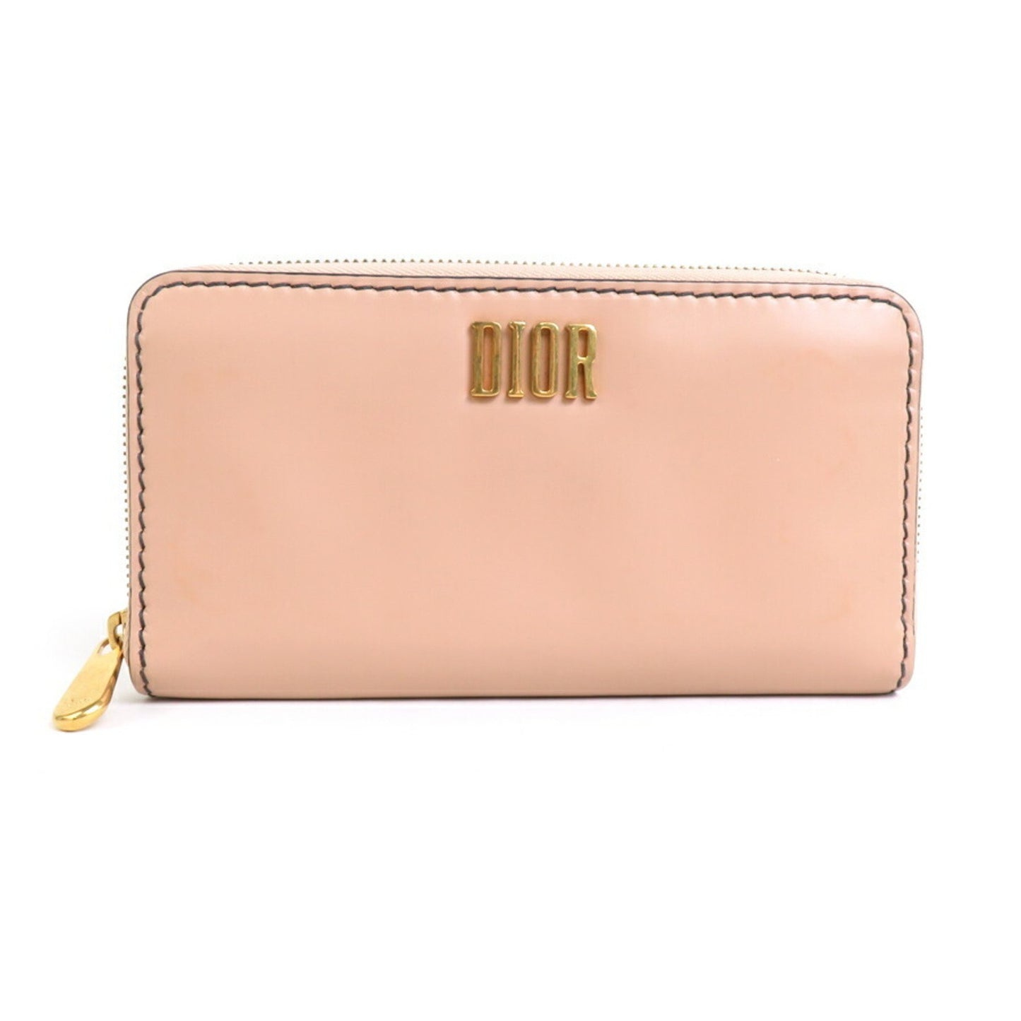 Christian Dior Round Zipper Long Wallet Leather Pink Beige