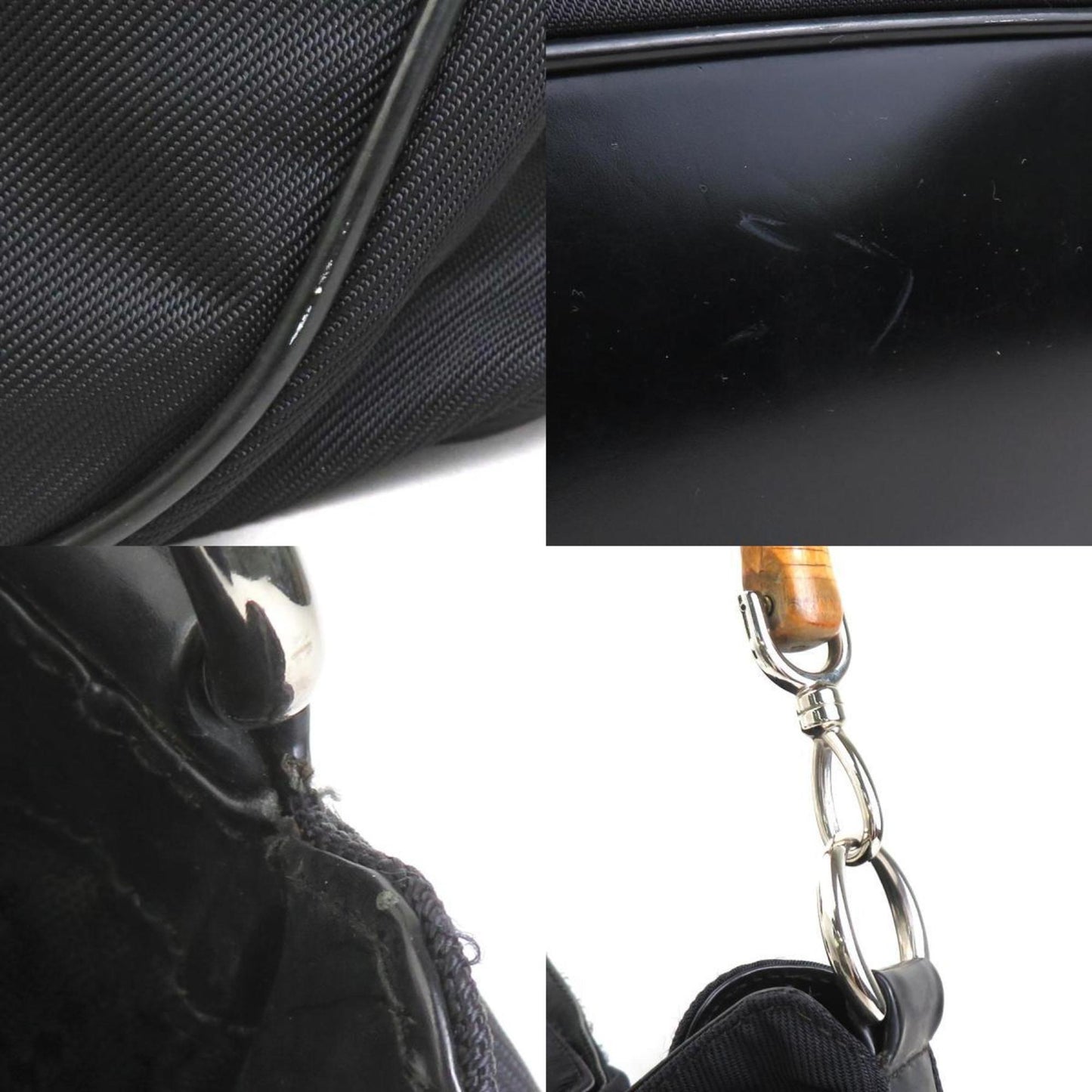 Gucci Shoulder Bag Bamboo Nylon Canvas Leather Black Silver
