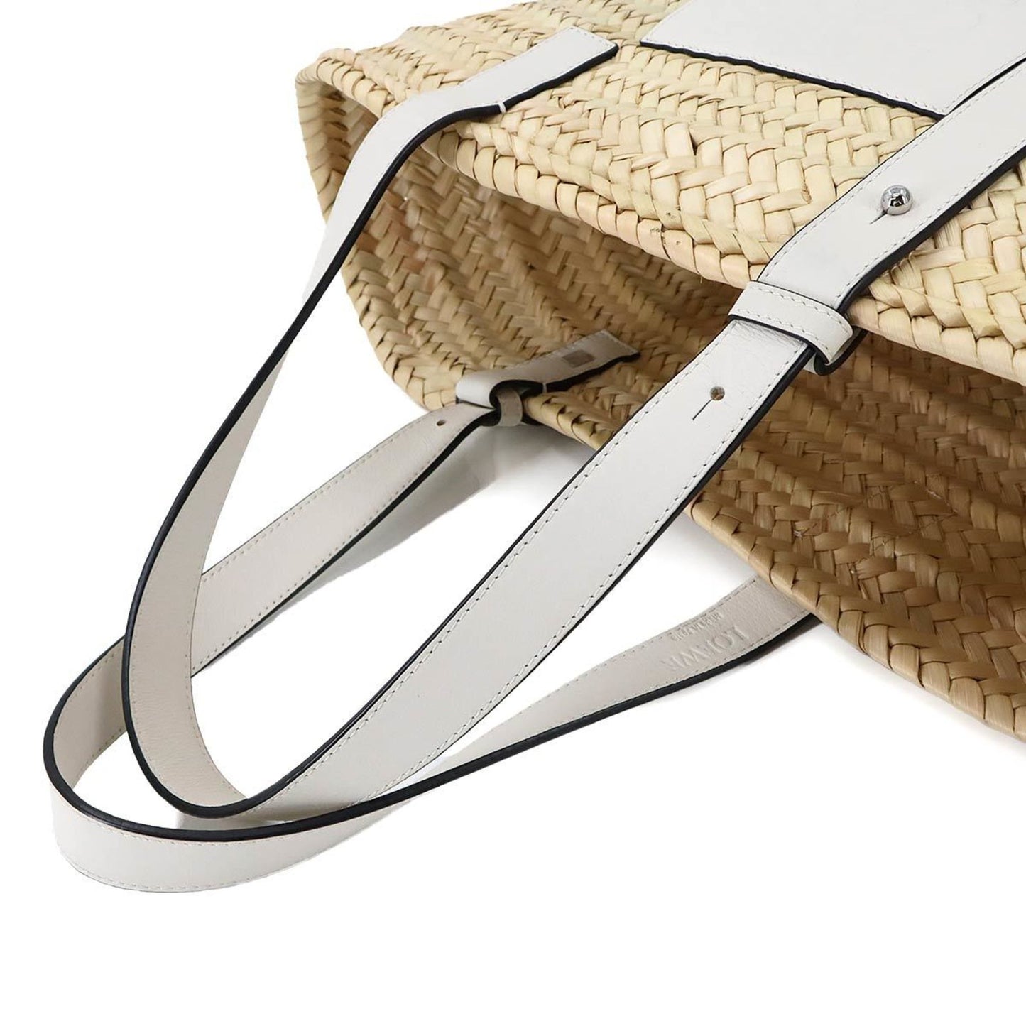 Loewe Basket Bag Tote Raffia Leather Natural Tan White Silver Hardware