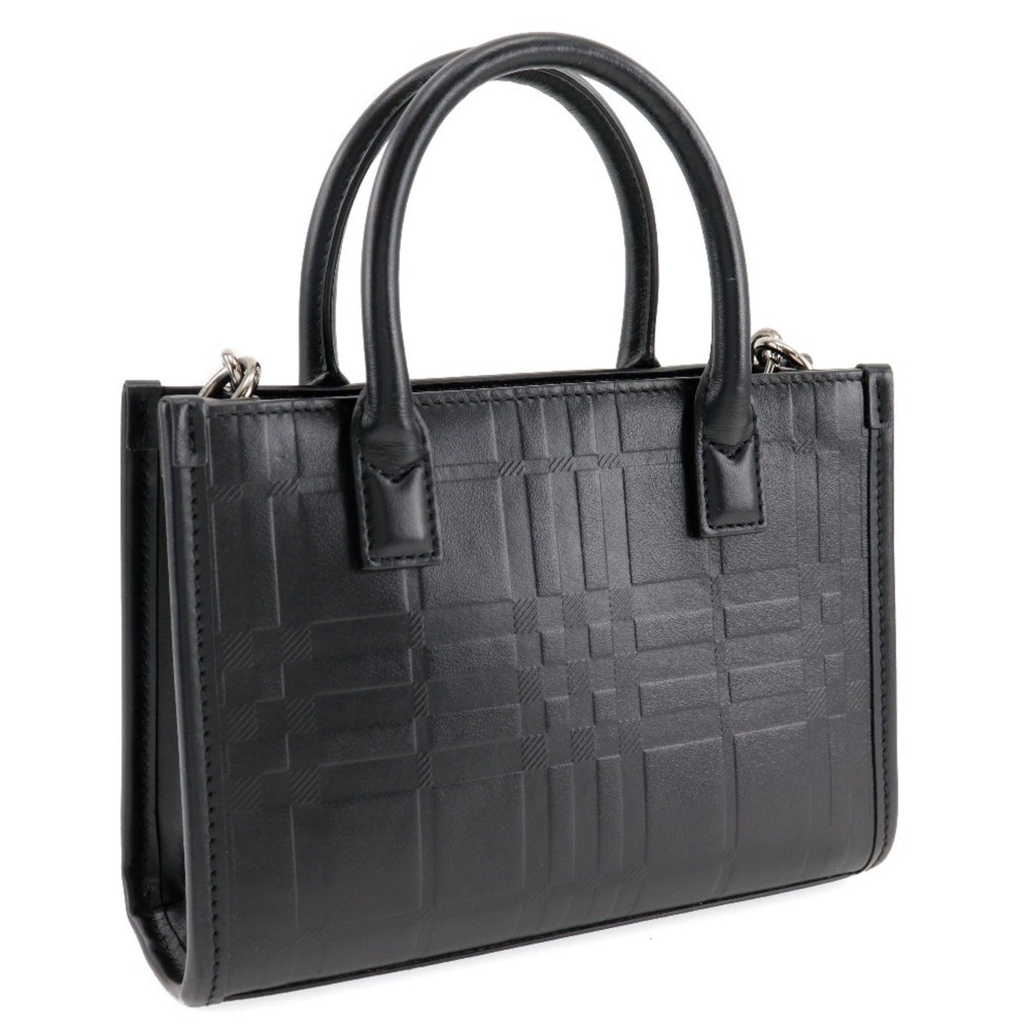 Burberry Embossed Check Handbag Shoulder Calf Black 2Way