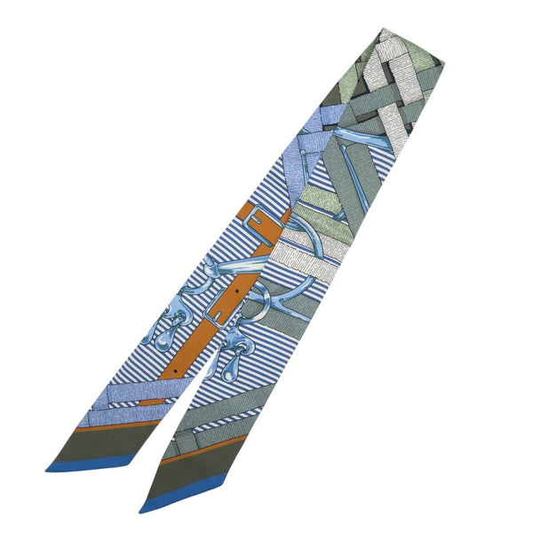Hermes Twilly Morsa Jouets Chemise Silk Vert Amande Blue White Scarf Muffler 1267Hermes