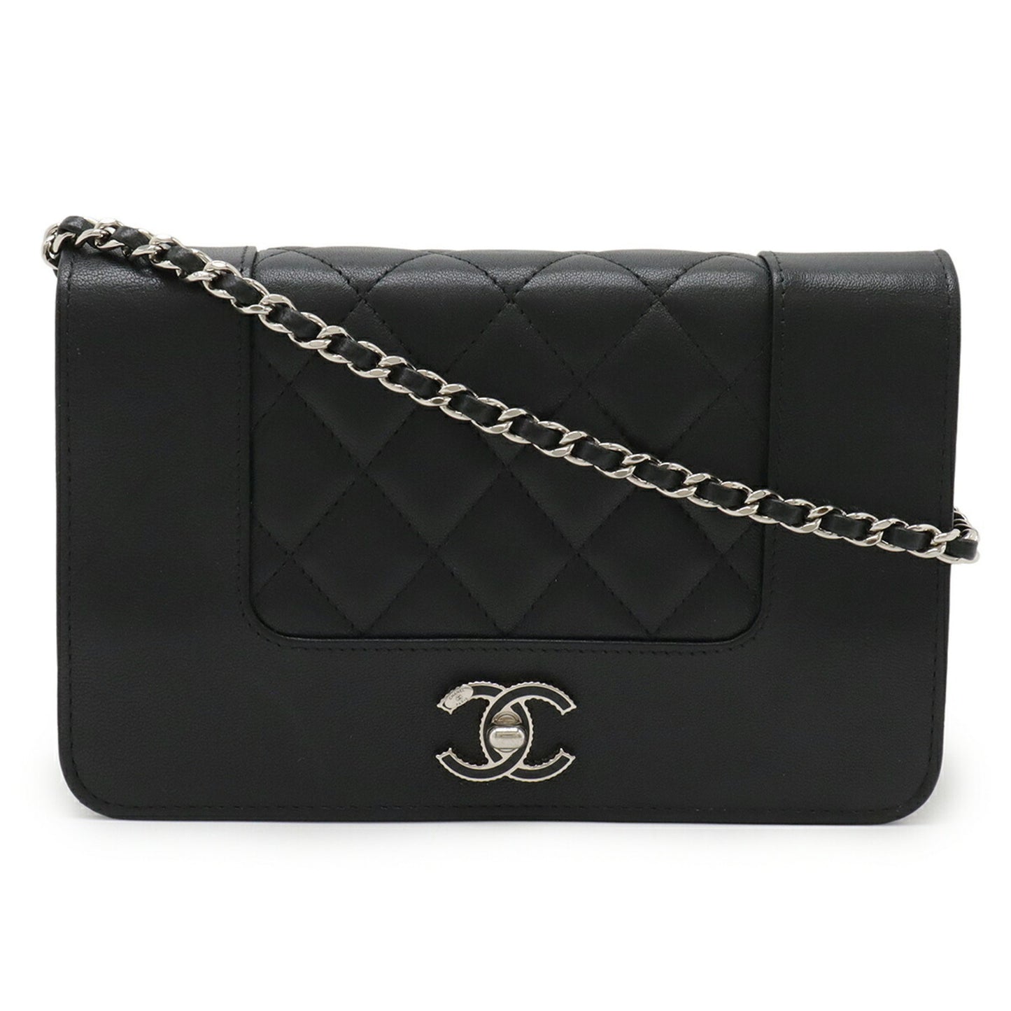 Chanel Mademoiselle Matelasse Chain Wallet Shoulder Bag Pochette Leather Black A80972