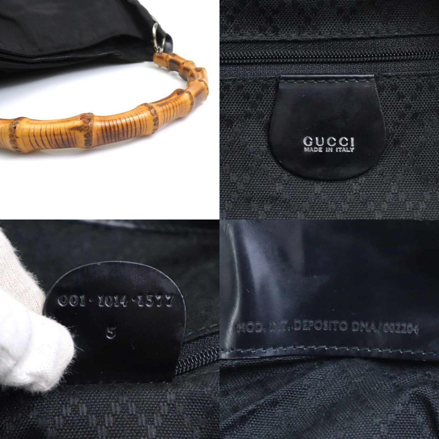 Gucci Shoulder Bag Bamboo Nylon Canvas Leather Black Silver