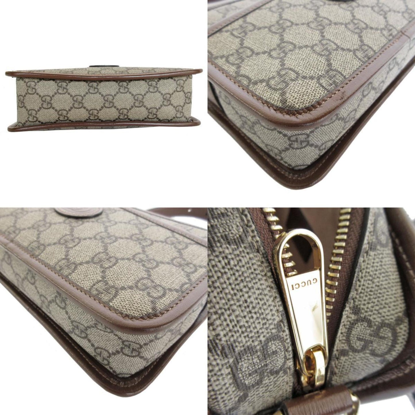 Gucci Shoulder Bag Gg Supreme Leather Beige Brown Gold