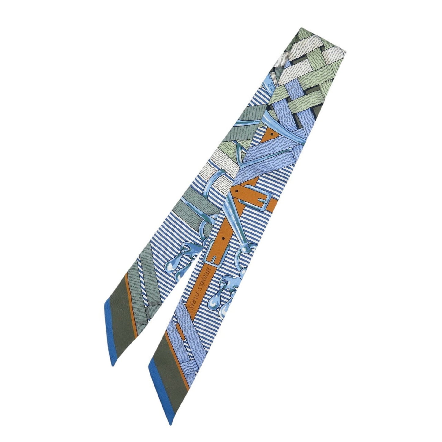Hermes Twilly Morsa Jouets Chemise Silk Vert Amande Blue White Scarf Muffler 1267Hermes
