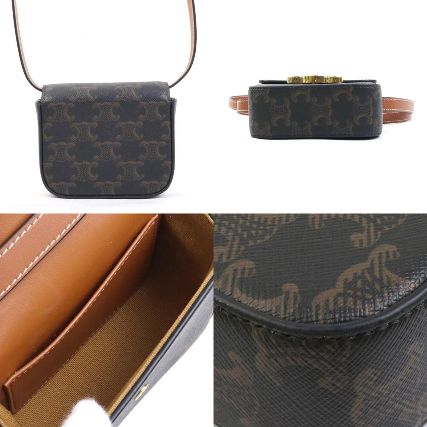 Celine Triomphe Mini Claude Shoulder Bag In Brown And Gold Leather