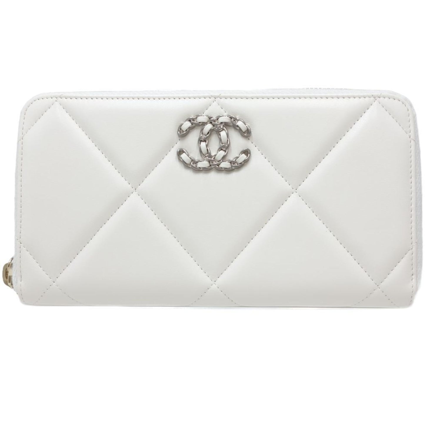 Chanel 19 Round Zipper Matelasse Cc Mark Ap1063 Long Wallet Leather White 083407