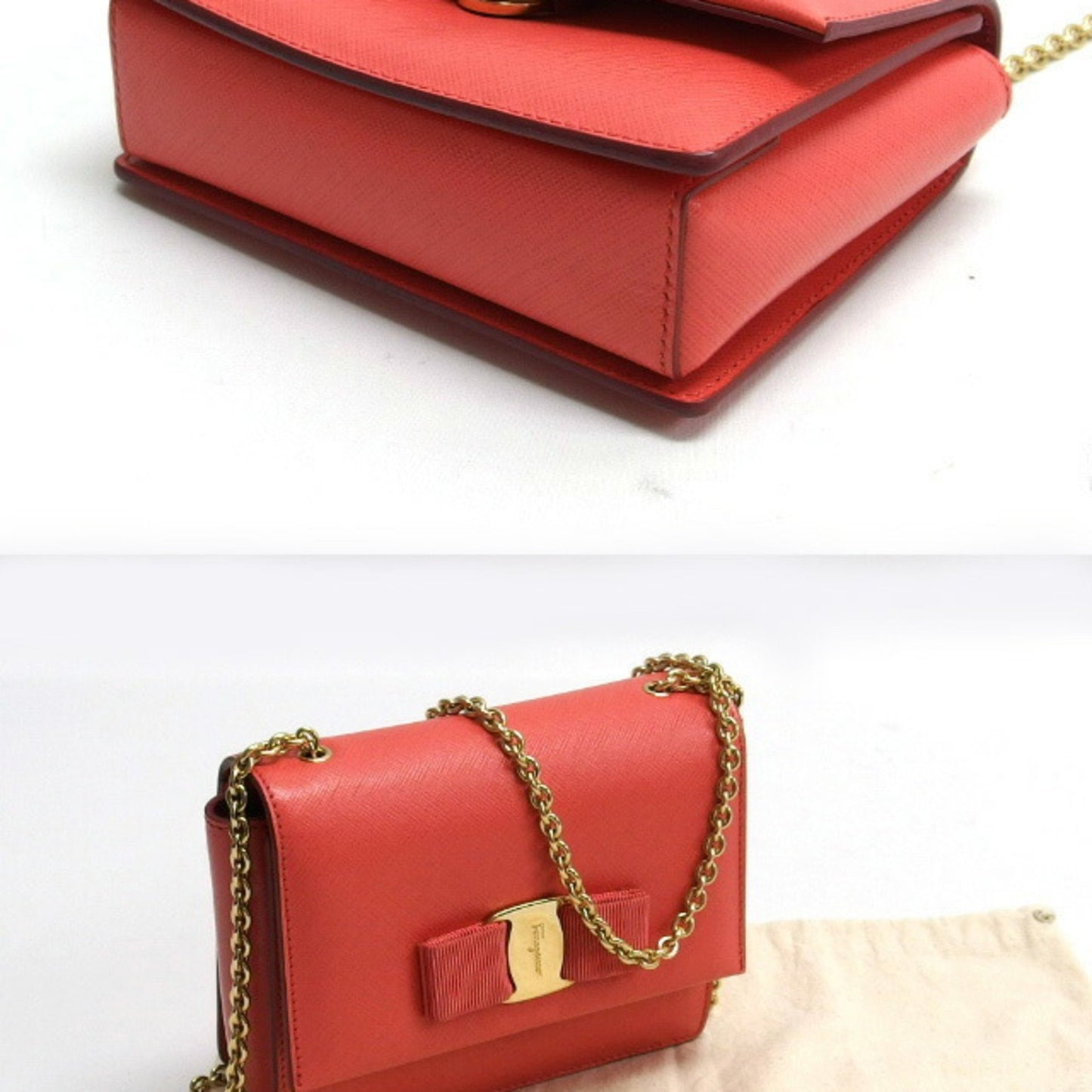 Salvatore Ferragamo Vara Ribbon Chain Shoulder Bag Coral