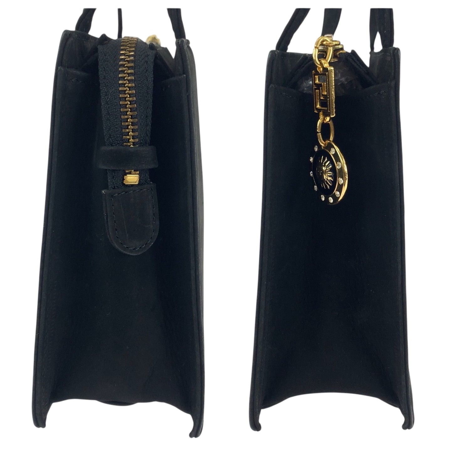 Gianni Versace Vintage Sunburst Black Suede Shoulder Bag With Gold Hardware