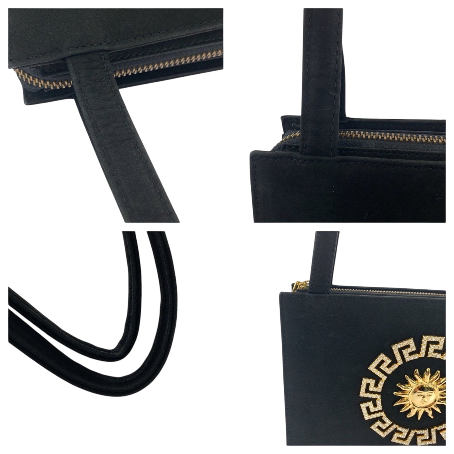 Gianni Versace Vintage Sunburst Black Suede Shoulder Bag With Gold Hardware