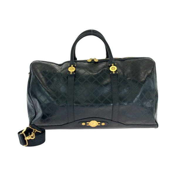 Versace Vintage Sunburst Black Gold Hardware Leather Boston Bag Handbag