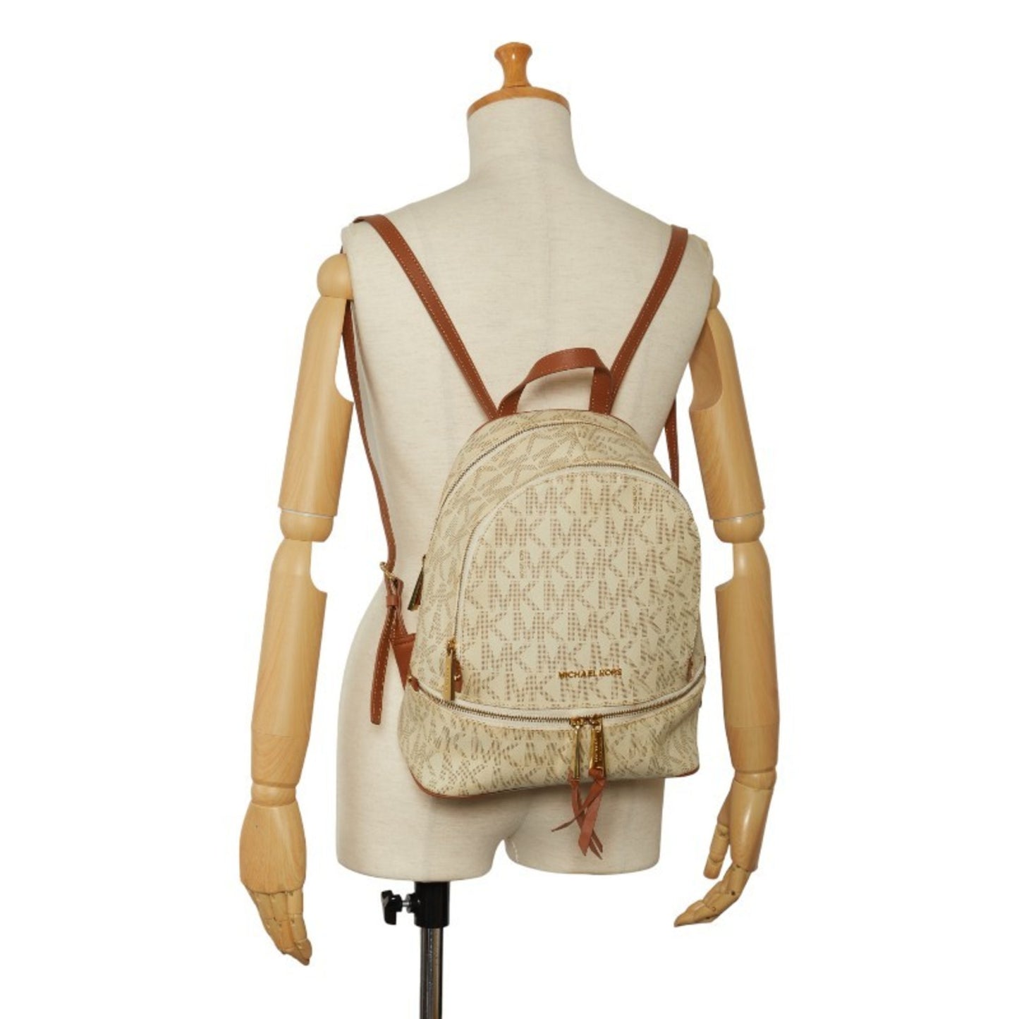 Michael Kors Patterned Backpack White Brown Pvc Leather