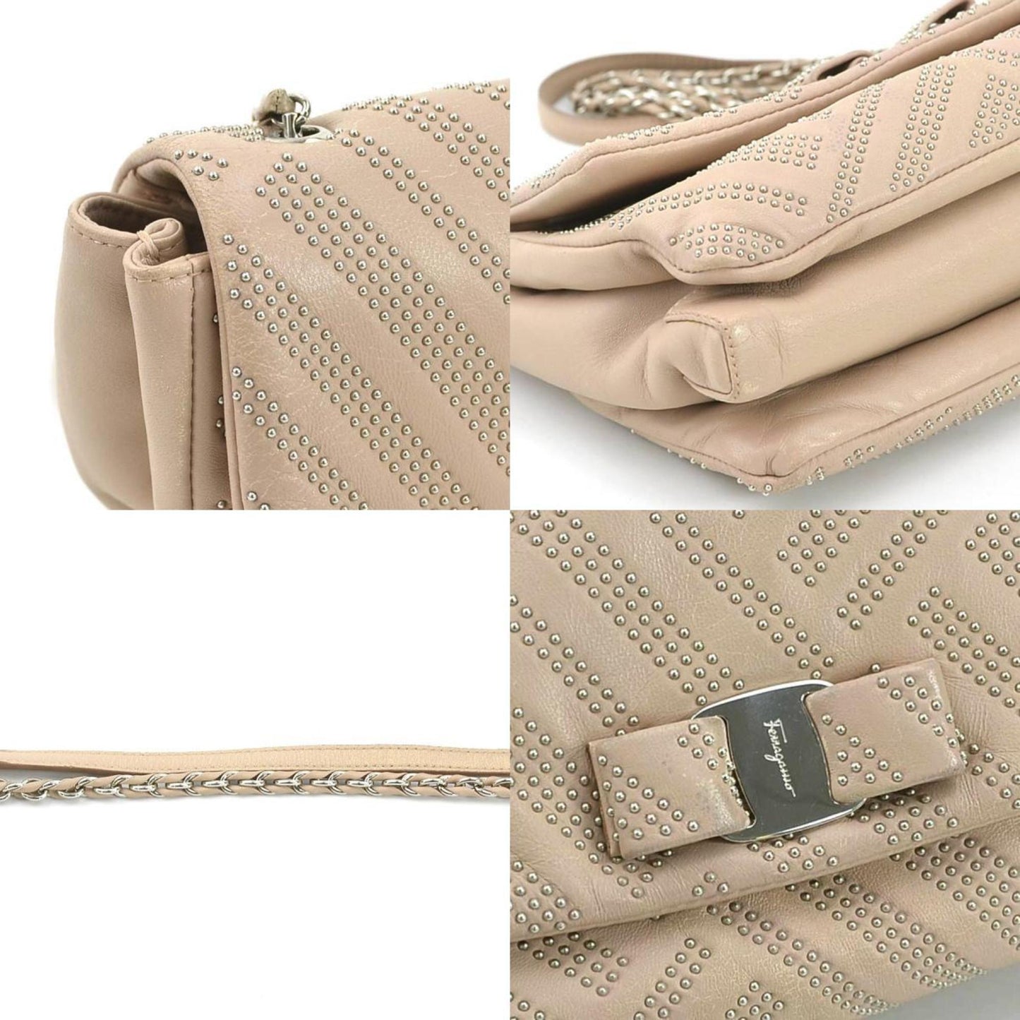 Salvatore Ferragamo Shoulder Bag Vara Ribbon Leather Metal Pink Beige