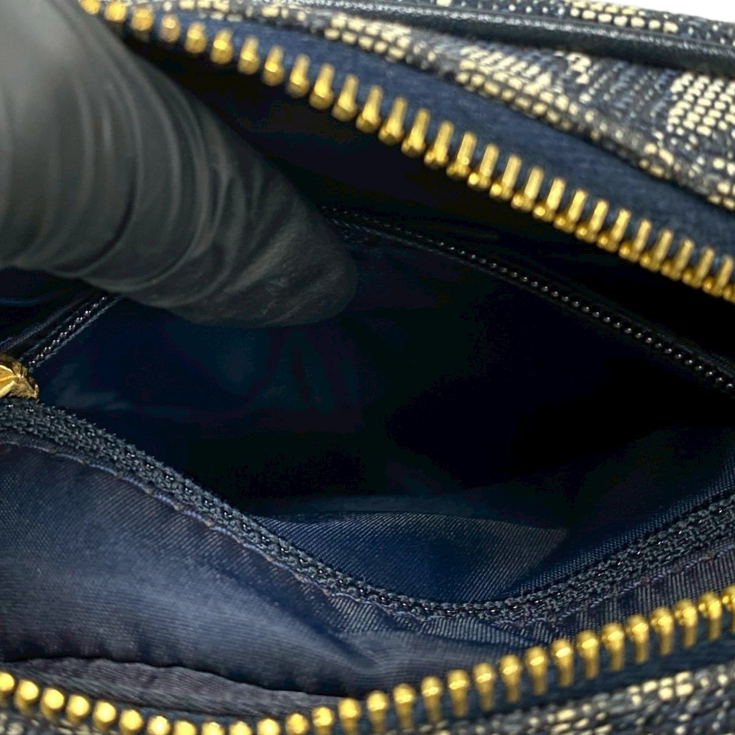 Christian Dior Trotter Pattern Leather Canvas Shoulder Bag Pochette Navy 34211