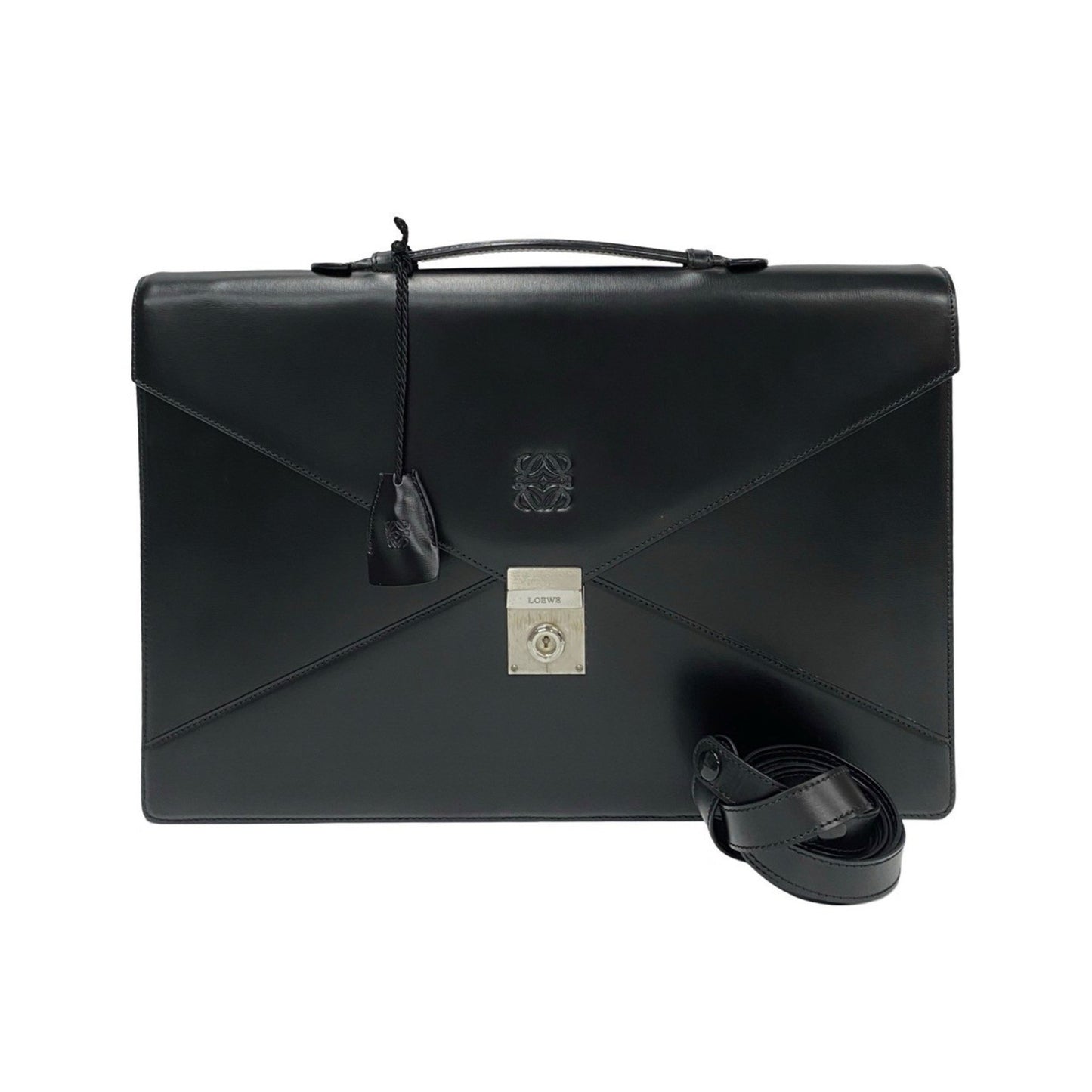 Loewe Anagram Logo Leather Genuine 2-Way Business Bag Handbag Shoulder Black 86242