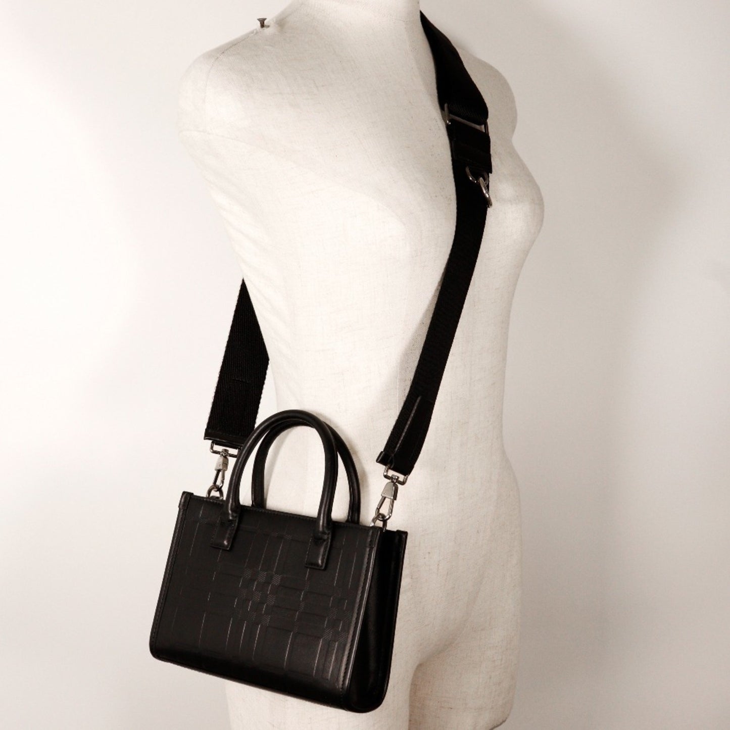 Burberry Embossed Check Handbag Shoulder Calf Black 2Way