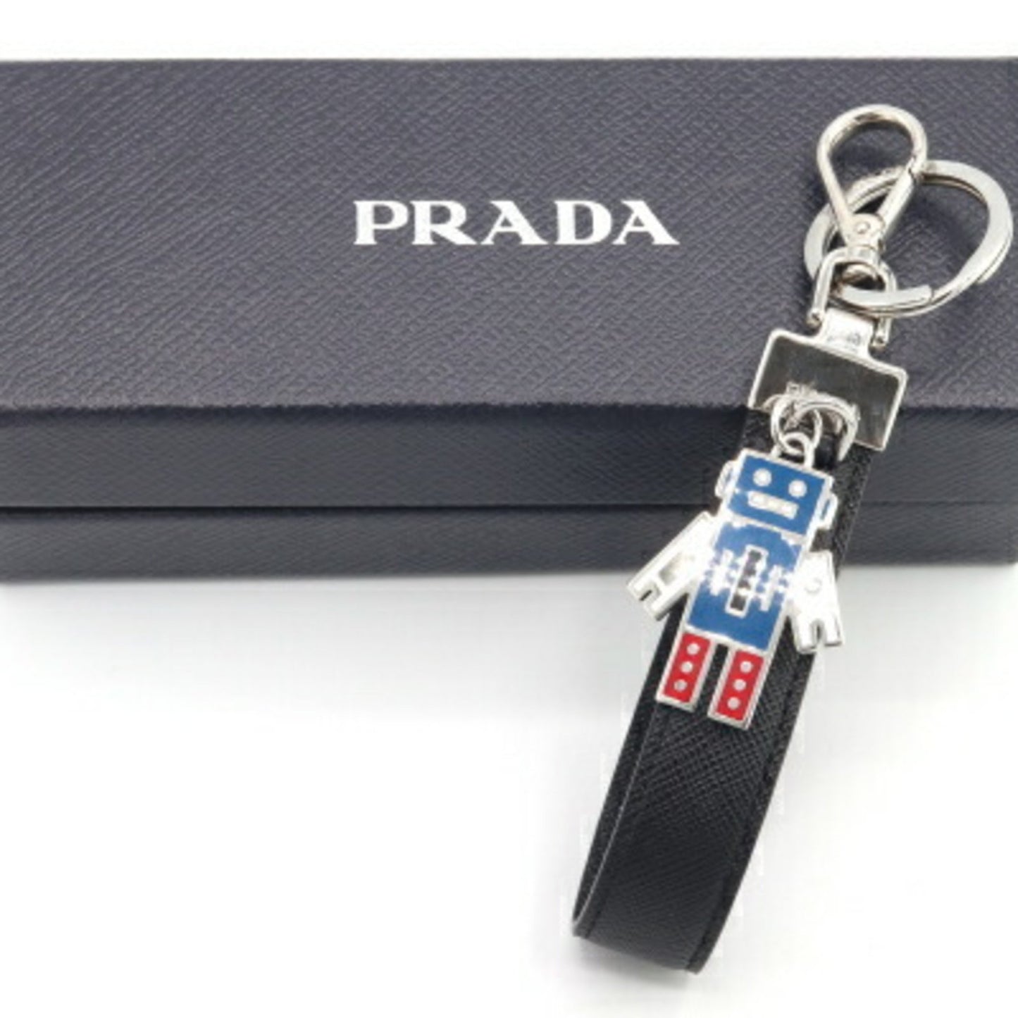 Prada Keychain 2Pp040 Black Leather Keyring Bag Charm Robot
