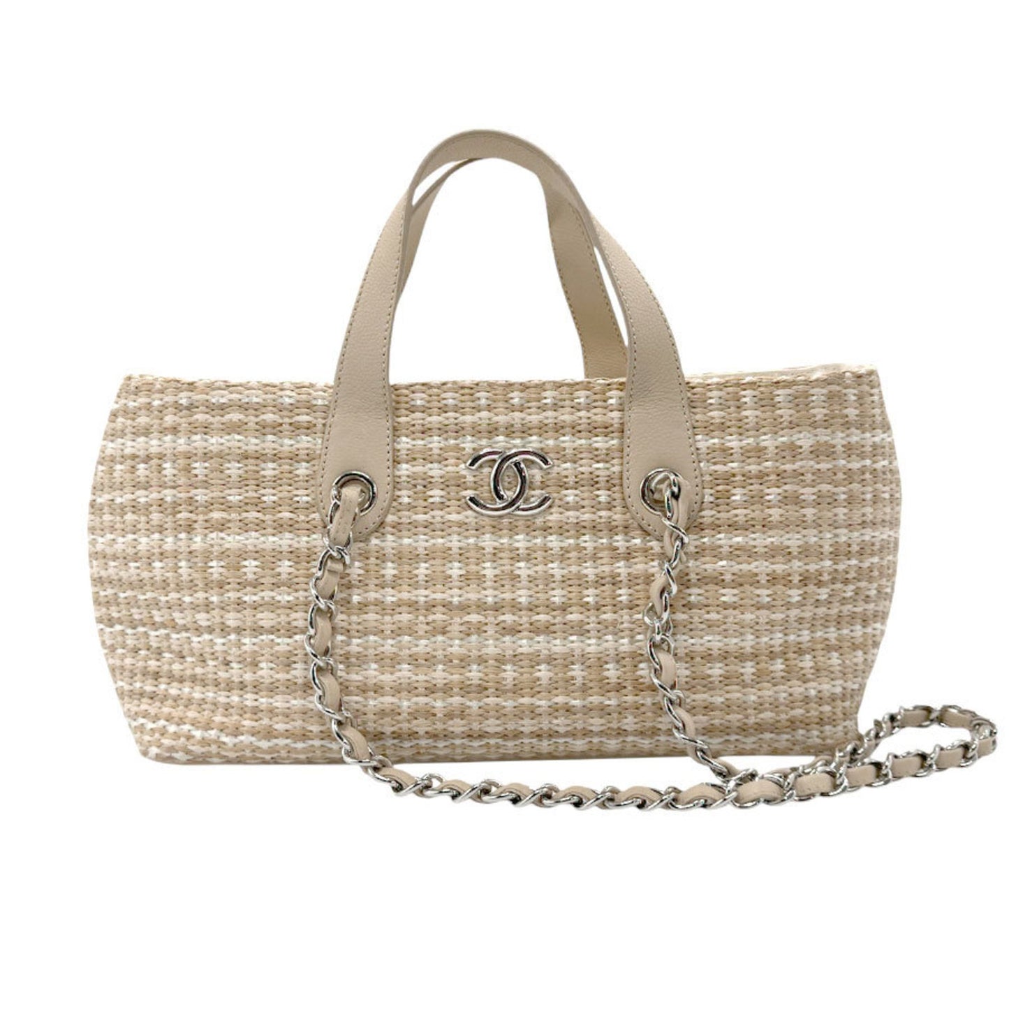 Chanel Handbag Shoulder Bag Raffia Leather Light Beige Silver