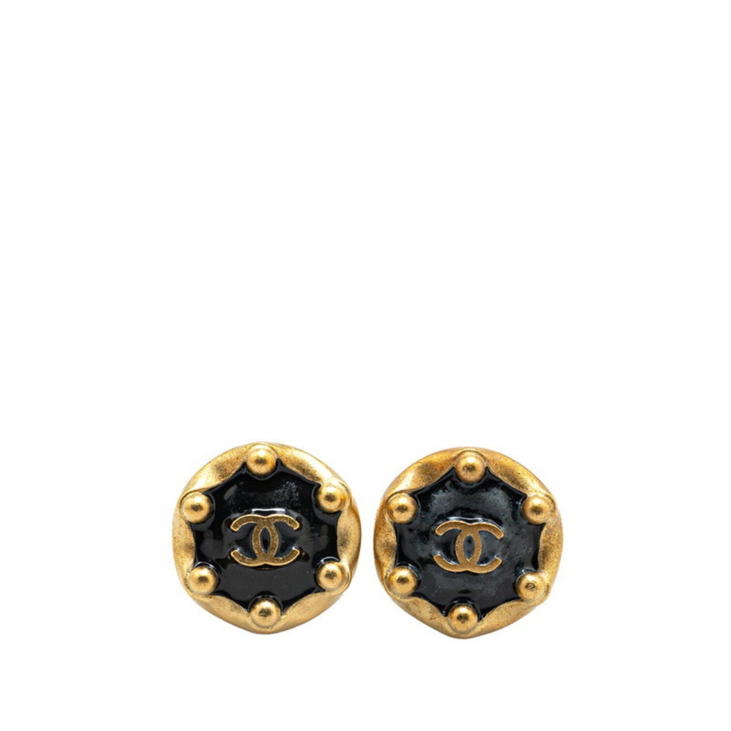 Chanel Coco Mark Round Earrings Gold Black Plated