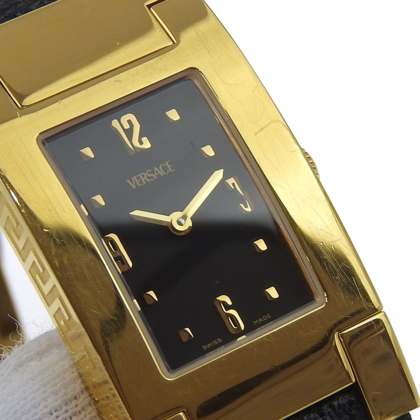 Versace Versace Alq90 Rectangular Black Dial Gp/Leather Quartz Watch Battery