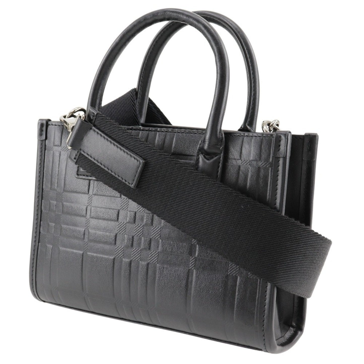 Burberry Embossed Check Handbag Shoulder Calf Black 2Way