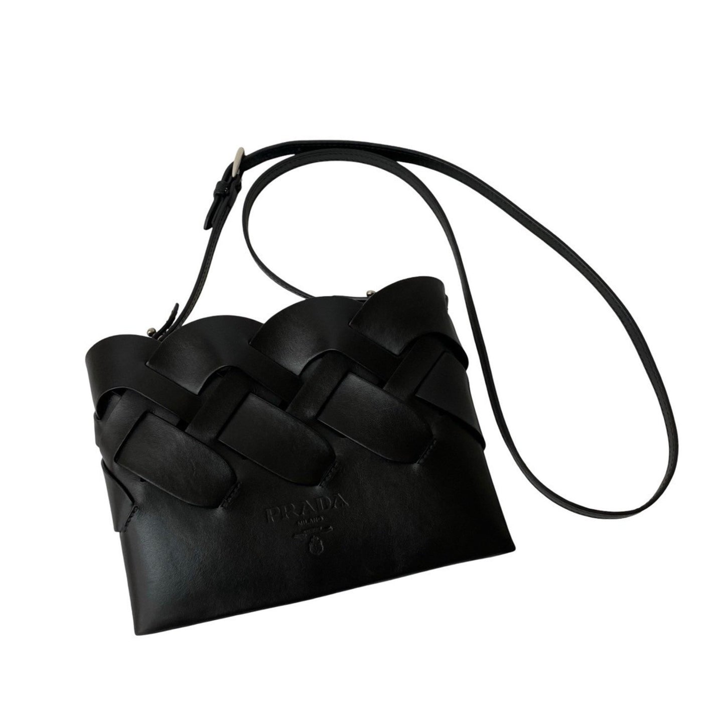 Prada Prada Logo Vitello Intrecciato Leather Shoulder Bag/Pochette/Sacoche In Black 28364