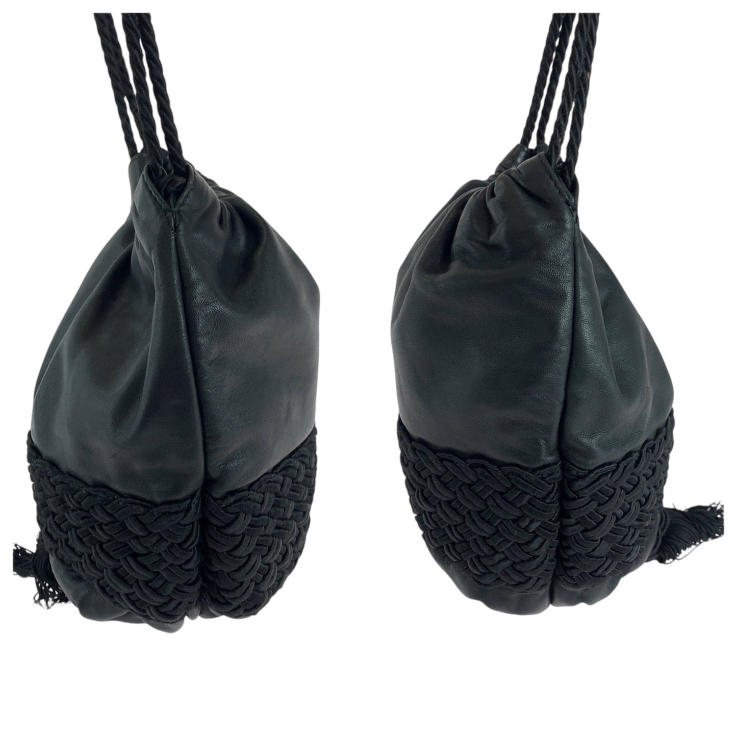 Loewe Vintage Logo Fringe Black Leather Shoulder Bag Drawstring