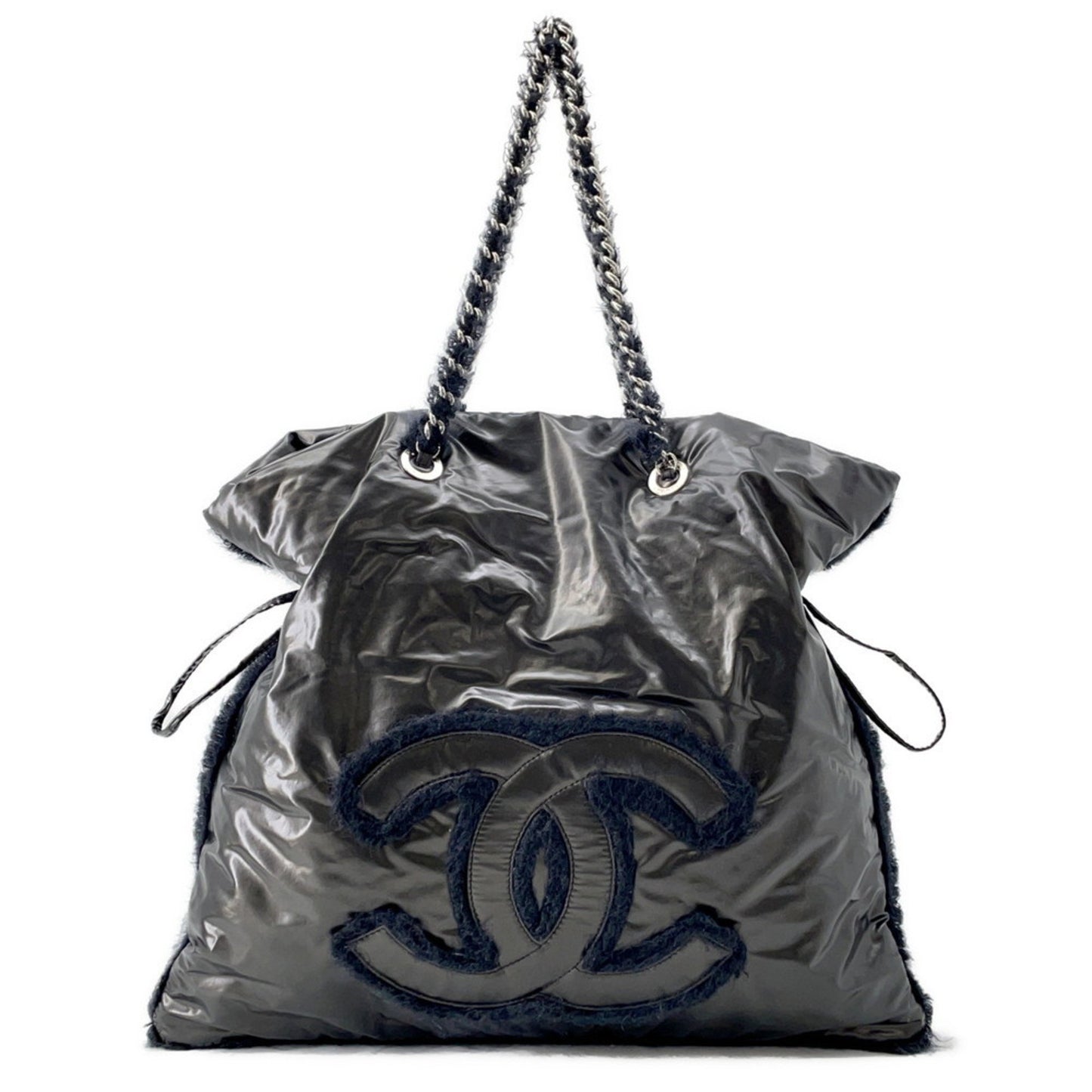 Chanel Chain Tote Bag Coco Mark Nylon Fur Chanel Black